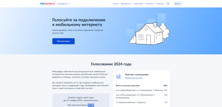Минцифры России проводит голосование за подключение малых населенных пунктов к мобильному интернету. Минцифры России проводит голосование за подключение малых населенных пунктов к мобильному интернету.